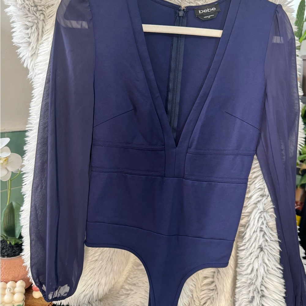 Bebe Deep Blue Sheer Sleeve Bodysuit